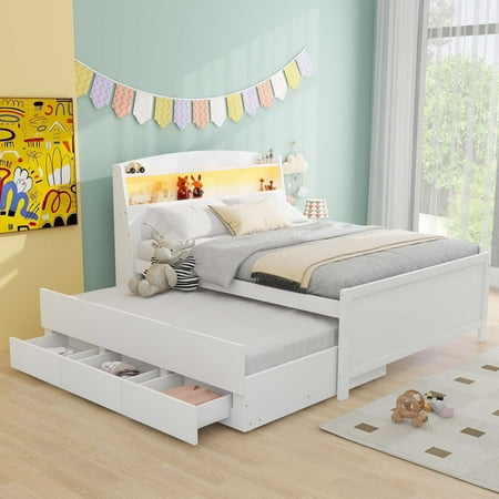 Solid Wood Bed Frame with Storage LED Headboard Twin Size Trundle and 3 Drawers Platform Bed Frame Mid Century Bedframe Wood Foundation(White Full) Solid Wood Bed Frame with Storage LED Headboard Twin Size Trundle and 3 Drawers Platform Bed Frame Mid Century Bedframe Wood Foundation(White Full)