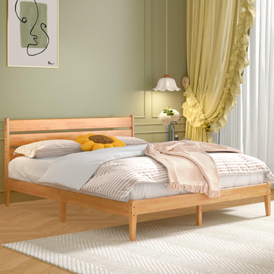 Solid Wood Queen Bed Frame, Malaysian Oak Platform Bed With Ladder Headboard, Modern Bedframe With Elevated Bed Legs, No Box Spring Needed, Noise-Free