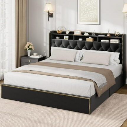 TEQIN Upholstered Bed Frame with 4 Storage Drawers Velvet Platform Bed with Tufted Headboard and Nailhead Trim Design No Box Spring Needed Wooden Slats Bedframe Noise Free