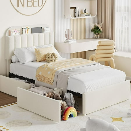 TWIN Size Bed Frame with 2 Storage Drawers Bedframe with Storage Headboard Upholstered Bed Frame No Box Spring Needed Easy Assembly White TWIN Size Bed Frame with 2 Storage Drawers Bedframe with Storage Headboard Upholstered Bed Frame No Box Spring Needed Easy Assembly White