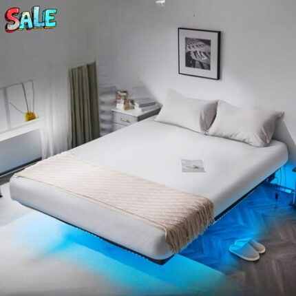 Tcbosik LED Platform Bed Frame with Power Outlet King Size Modern Floating Metal Bedframe 14 Inch Height No Box Spring Needed RGB Lighting & Under Bed Storage (Black)