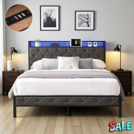 Tcbosik Queen Size Upholstered Bed Frame with APP Controlled RGB LED Lights & Charging Station Metal Bedframe with Storage Shelf on Padded Headboard Dark Gray Linen Fabric