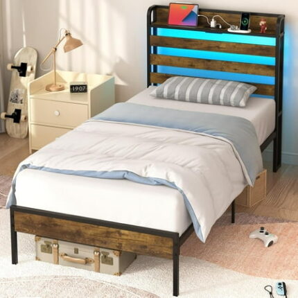 Twin Bed Frames with Storage Headboard Led Bed Frame with Charging Station Metal Platform Bed Wood Bedframe with Heavy Duty Slats Noise-Free No Box Spring Needed Easy Assembly