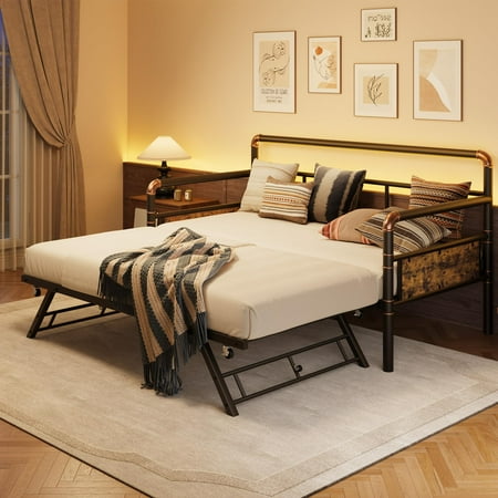 Twin Daybed and Foldable Metal Trundle Bed Bed Frame Heavy Duty Steel Slats Support Sofa BedFrame for Living Room Guest Room No Box Spring Needed Easy Assembly Twin Daybed and Foldable Metal Trundle Bed Bed Frame Heavy Duty Steel Slats Support Sofa BedFrame for Living Room Guest Room No Box Spring Needed Easy Assembly