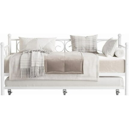 Twin Daybed with Trundle Bed Heavy Duty Metal Twin Bed Frame with Pull Out Trundle Modern Bedframe with Headboard Sturdy Steel Slats Support No Box Spring Needed White