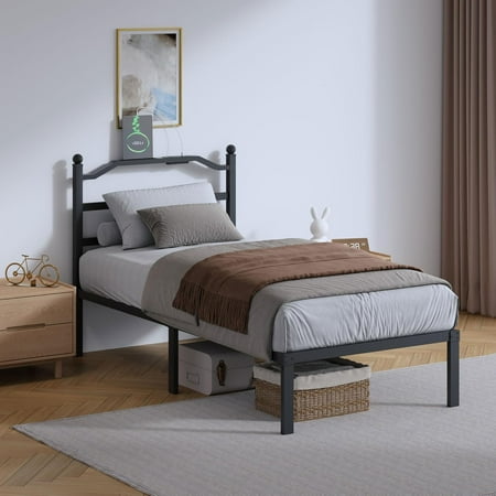 Twin Size Bed Frame - 14 Inch Metal Heavy Duty Bedframe with Charging Station Black Basic Steel Slats Platform with Headboard No Box Spring Needed/Easy Assembly Twin Size Bed Frame - 14 Inch Metal Heavy Duty Bedframe with Charging Station Black Basic Steel Slats Platform with Headboard No Box Spring Needed/Easy Assembly