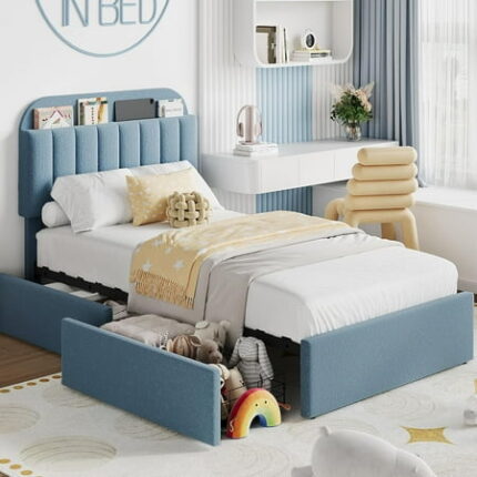Twin Size Bed Frame with 2 Storage Drawers Bedframe with Storage Headboard Upholstered Bed Frame No Box Spring Needed Easy Assembly Blue