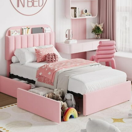 Twin Size Bed Frame with 2 Storage Drawers Bedframe with Storage Headboard Upholstered Bed Frame No Box Spring Needed Easy Assembly Pink