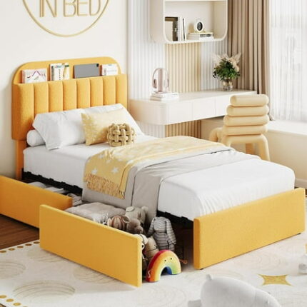 Twin Size Bed Frame with 2 Storage Drawers Bedframe with Storage Headboard Upholstered Bed Frame No Box Spring Needed Easy Assembly Yellow