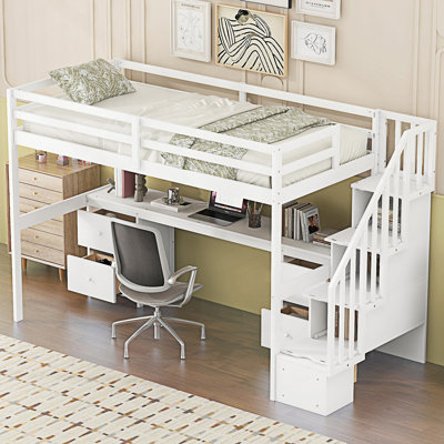 Twin Size Loft Bed Frame With Built-In Desk And Double Storage Drawers, Bedframe