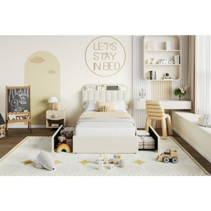 Twin Size Platform Bed Frame Faux Fur Upholstered Bed Frame with Storage Headboard 2 Rolling Drawers Noise Free Bedframe with Sturdy Wooden Slats Supports No Box Spring Needed