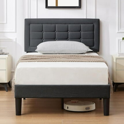 Twin Size Upholstered Bed Frame with Height Adjustable Fabric Headboard Heavy-Duty Platform Bedframe/Mattress Foundation/Strong Wood Slat Support/No Box Spring Needed