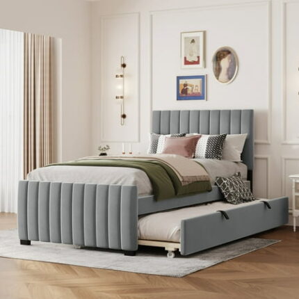 Twin Size Velvet Upholstered Platform Bed with Trundle Gray Wood Bed Frame with Soft Headboard for Teens and Adults Space-Saving Bedframe with Underbed Storage