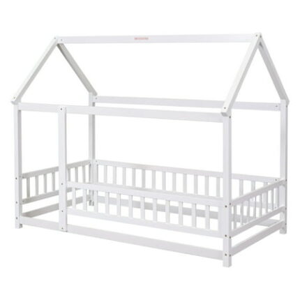 Twin Size floor bed frame Wood House Bed with Fence Wooden Bedframe with Roof for Teens Boys or Girls No Bed Slats