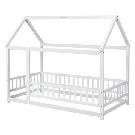 Twin Size floor bed frame Wood House Bed with Fence Wooden Bedframe with Roof for Teens Boys or Girls No Bed Slats Twin Size floor bed frame Wood House Bed with Fence Wooden Bedframe with Roof for Teens Boys or Girls No Bed Slats