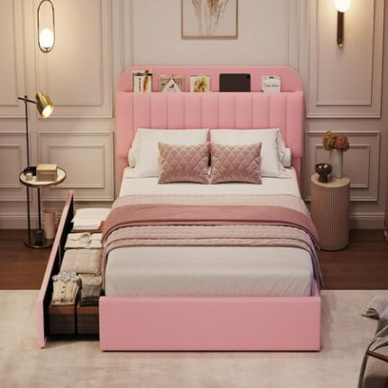 Twin XL Size Bed Frame with 2 Storage Drawers Bedframe with Storage Headboard Upholstered Bed Frame No Box Spring Needed Easy Assembly Pink