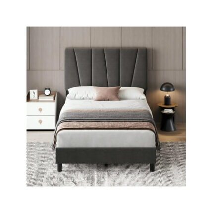 Twin/Full/Queen/King Size Bed Frame With Adjustable Headboard Linen Upholstered Platform Bedframe With Strong Wooden Slats Mattress Foundation No Box Spring Needed Easy Assembly Grey