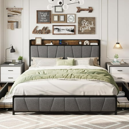 Twister.CK King Size Bed Frame with 2 Storage Drawers and Charging Station Rustic Linen Upholstered Platform Bedframe with Storage Headboard No Box Spring Needed Noise Free Gray Twister.CK King Size Bed Frame with 2 Storage Drawers and Charging Station Rustic Linen Upholstered Platform Bedframe with Storage Headboard No Box Spring Needed Noise Free Gray
