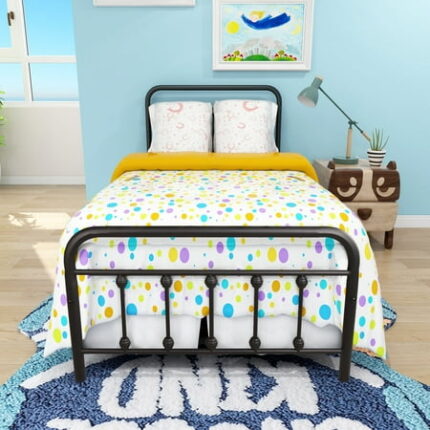 UHOMEPRO Metal Platform Bed Frame Twin Size Bedframe with Victorian Style Headboard Footboard Durable Metal Bed No Box Spring Needed Black