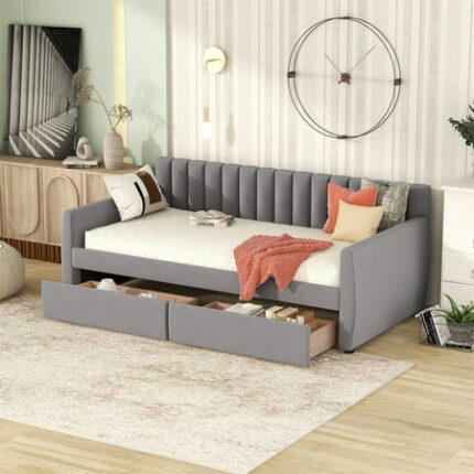 Upholstered Daybed with 2 Storage Drawers Twin Size Velvet Sofa Bed Frame with Wood Slat Support Solid Wood Bedframe Twin Daybed Frame for Living Room Bedroom No Box Spring Needed & Space-Saving Gray