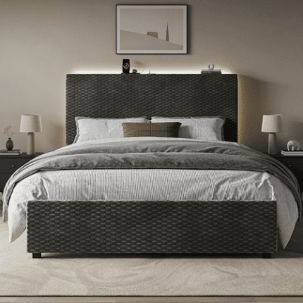 Upholstered Full Bed Frame with Storage Headboard LED Lights & USB Charging Station | Heavy Duty Platform Bedframe | Easy Assembly No Box Spring Needed Dark Grey