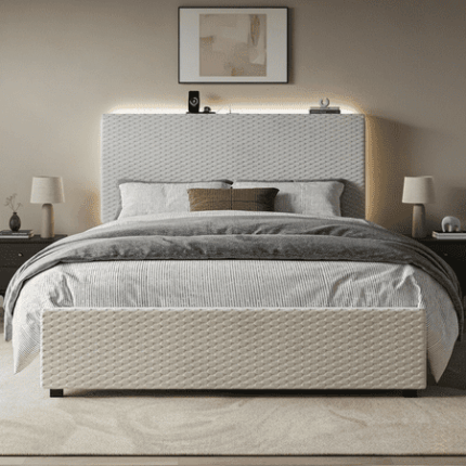 Upholstered Full Bed Frame with Storage Headboard LED Lights & USB Charging Station | Heavy Duty Platform Bedframe | Easy Assembly No Box Spring Needed White