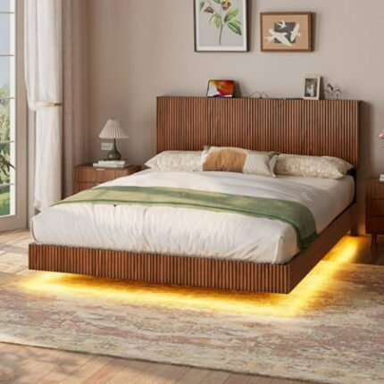 Walnut Queen Floating Bed Frame with Headboard and LED Lights Fluted Floating Bedframe with Charging Station Heavy Duty Floating Platform Bed with Metal Slats No Spring Needed