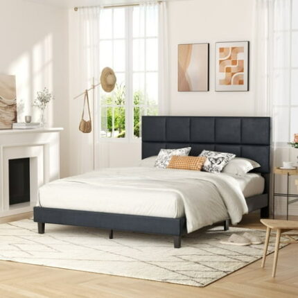 Walsunny Full Size Platform Bed Frame with Fabric Headboard Tufted Full Bedframe with Linen Fabric Upholstered Headboards No Box Spring Needed Black