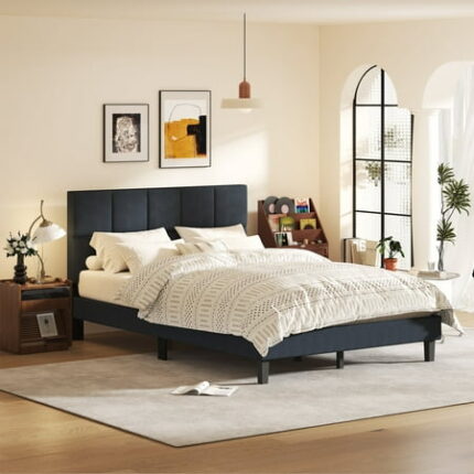 Walsunny King Size Platform Bed Frame with Fabric Headboard Tufted King Bedframe with Linen Fabric Upholstered Headboards No Box Spring Needed Black
