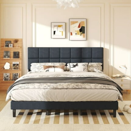 Walsunny Queen Size Platform Bed Frame with Fabric Headboard Tufted Queen Bedframe with Linen Fabric Upholstered Headboards No Box Spring Needed Black