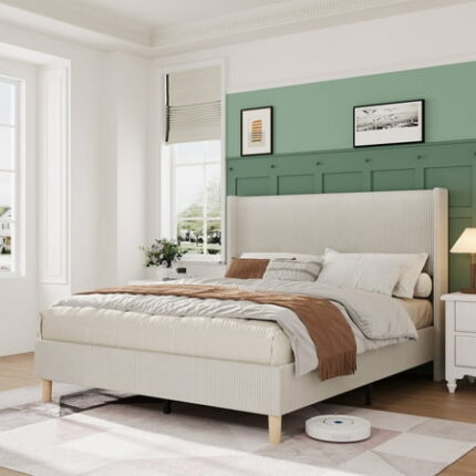 Wingback Bedframe Corduroy Upholstered Bed Frame No Box Spring Needed Solid Wooden Slats Noise Free
