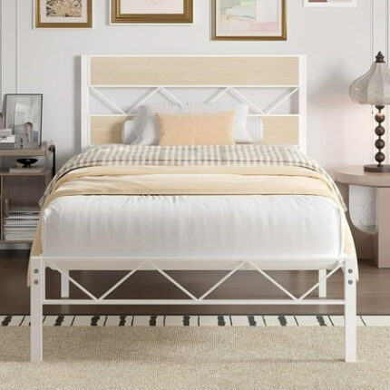 XH Twin Size Bed Frame with Headboard Heavy-Duty Platform Bedframe with Metal Slats Support No Box Spring Needed Easy Assembly White & Natural