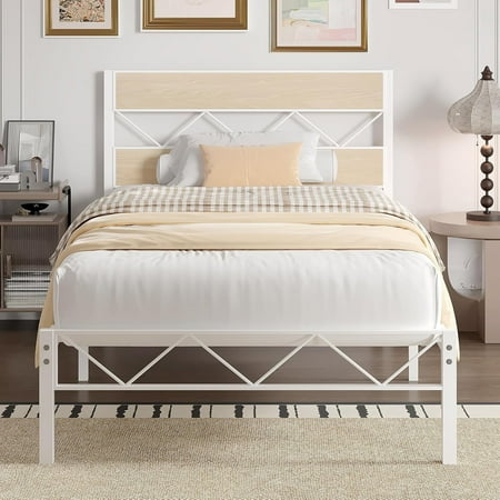 XH Twin Size Bed Frame with Headboard Heavy-Duty Platform Bedframe with Metal Slats Support No Box Spring Needed Easy Assembly White & Natural XH Twin Size Bed Frame with Headboard Heavy-Duty Platform Bedframe with Metal Slats Support No Box Spring Needed Easy Assembly White & Natural