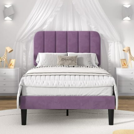XH Twin Size Bed Frame with Upholstered Headboard Velvet Platform Bedframe Mattress Foundation Strong Wood Slat Support No Box Spring Needed Purple