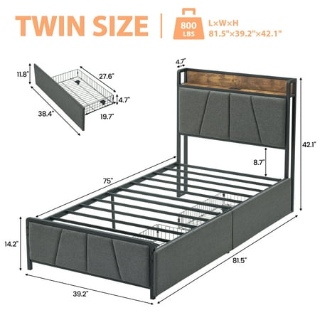 Yesfashion Twin Size Bed Frame with 2 Storage Drawers and Charging Station Rustic Linen Upholstered Platform Bedframe Easy to Assemble No Box Spring Needed Yesfashion Twin Size Bed Frame with 2 Storage Drawers and Charging Station Rustic Linen Upholstered Platform Bedframe Easy to Assemble No Box Spring Needed