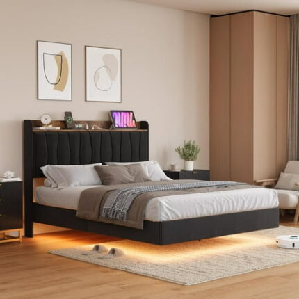 Yiwa King Size Bed Frame Floating Platform Bed with Headboard LED Lights Charging Ports Black Modern Upholstered Bedframe with Sturdy Wood Slats No Box Spring Needed Easy Assembly