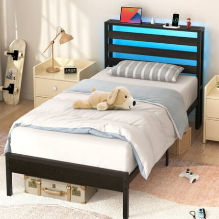 Yoobure Twin Bed Frame with LED and Charging Station Wood Platform Bedframe with Headboard Black
