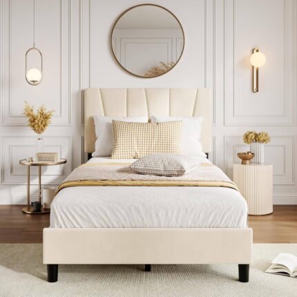 Qeetex - Twin Size Bed Frame with Adjustable Headboard Linen Upholstered King Platform Bedframe with Strong Wooden Slats Mattress - As Shown