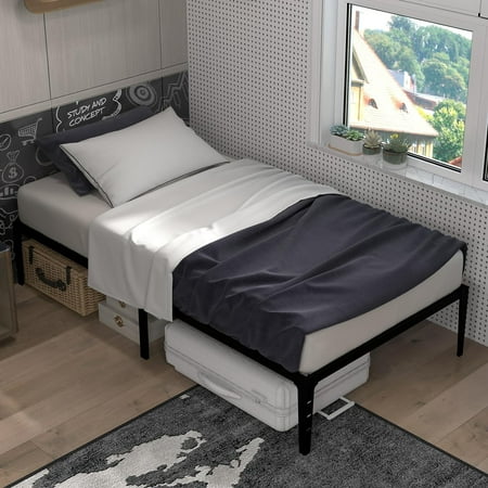 14 Inch Twin Size Bed Frame Metal Platform Bedframe with Heavy Duty Steel Slat No Box Spring Needed Easy Assembly Noise Free Under Bed Storage Black