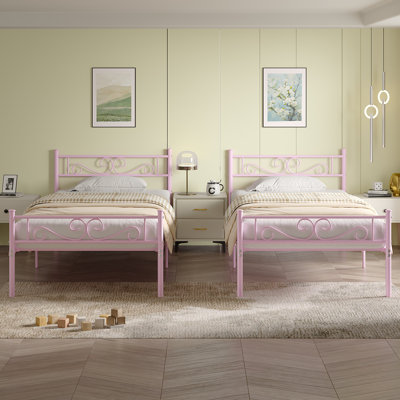 2 Set Metal Bed Frame, 2 Pieces Twin Size Platform Bedframe With Headboard And Footboard, Mattress Foundation With Underbed Storage, No Box Spring Nee