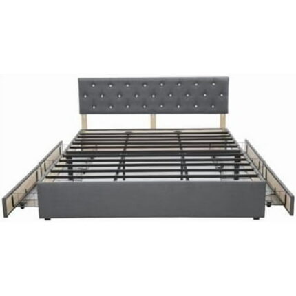 72 x 80 Modern Linen Fabric Grey Bed Frame with Crystals Headboard Upholstered Platform Bed Bedframe with 4 Storage Drawers and Headboard Metal Slats Support No Box Spring Needed