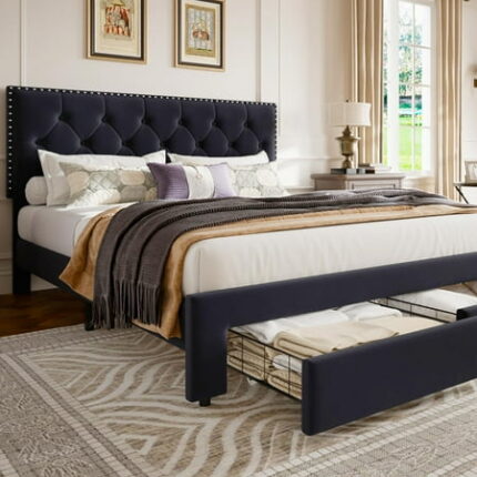 Ataucjin Full Size Bed Frame with 2 Storage Drawers Vintage Velvet Upholstered Bedframe with Wooden Slat Support and Button Tufted Wingback Headboard No Box Spring Needed Noise Free