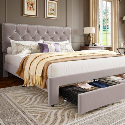 Babevy - Bed Frame with 2 Storage Drawers, Vintage Velvet Upholstered Bedframe with Wooden Slat Support - Beige