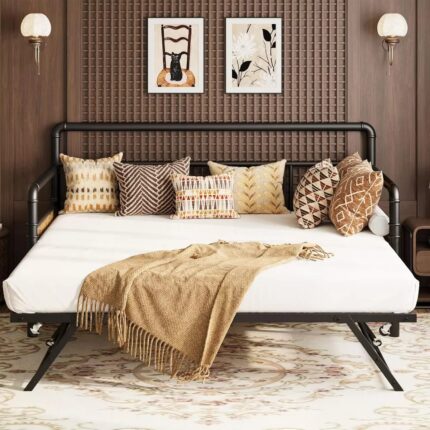 Babevy - Daybed with Trundle, Twin Daybed with Pop Up Trundle Set, Metal Twin Bed Frame with Steel Slat Support, Sofa BedFrame - Black