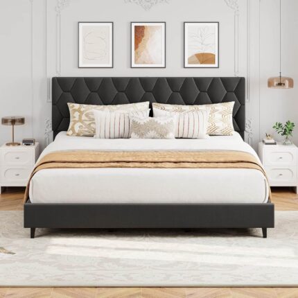 Babevy - Upholstered Bed Frame, Modern Platform Bedframe with Adjustable Velvet Headboard, No Box Spring Needed - Gray