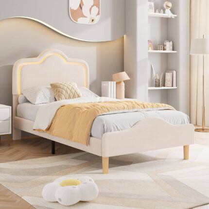 Babevy - Upholstered Bed Frame with Adjustable Headboard and Footboard, Velvet Princess Platform Bedframe for Kids/Girls - Beige