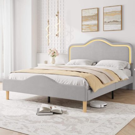 Babevy - Upholstered Bed Frame with Adjustable Headboard and Footboard, Velvet Princess Platform Bedframe for Kids/Girls - Gray
