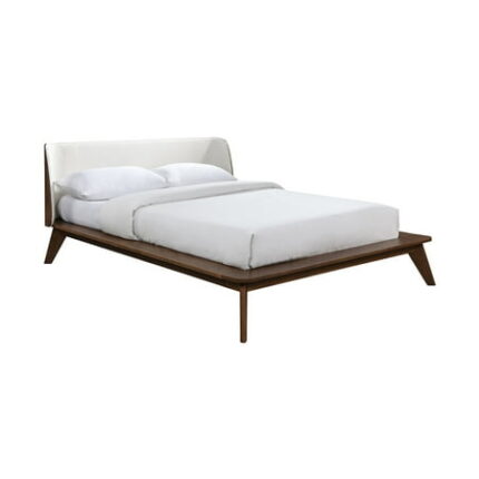 Bed Frame Walnut / Beige Color King Size Bed 1pc Fabric Winged Edge Headboard Platform Bedframe Mattress Ready Mid-Century Modern Style