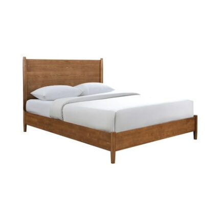 Bed Frame Walnut Color Panel Headboard Queen Size Bed Solid wood 1pc Bedframe Mattress Ready Mid-Century Modern Style