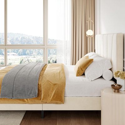 Bed Frame with Adjustable Headboard, Linen Upholstered Platform Bedframe with Strong Wooden Slats, Mattress Foundation, No Box Spring Needed